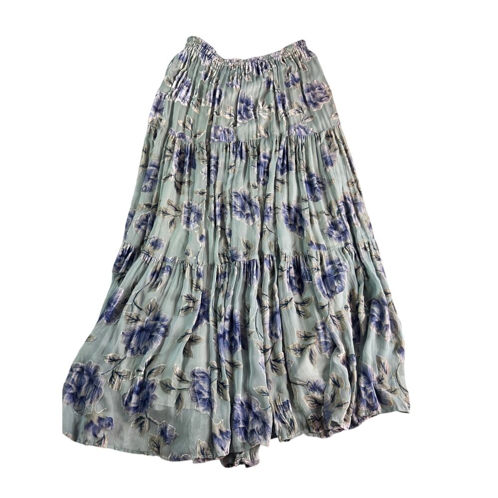 Vintage Double D Ranchwear Skirt Sm Blue Floral Velvet Burnout Tiered Maxi Boho